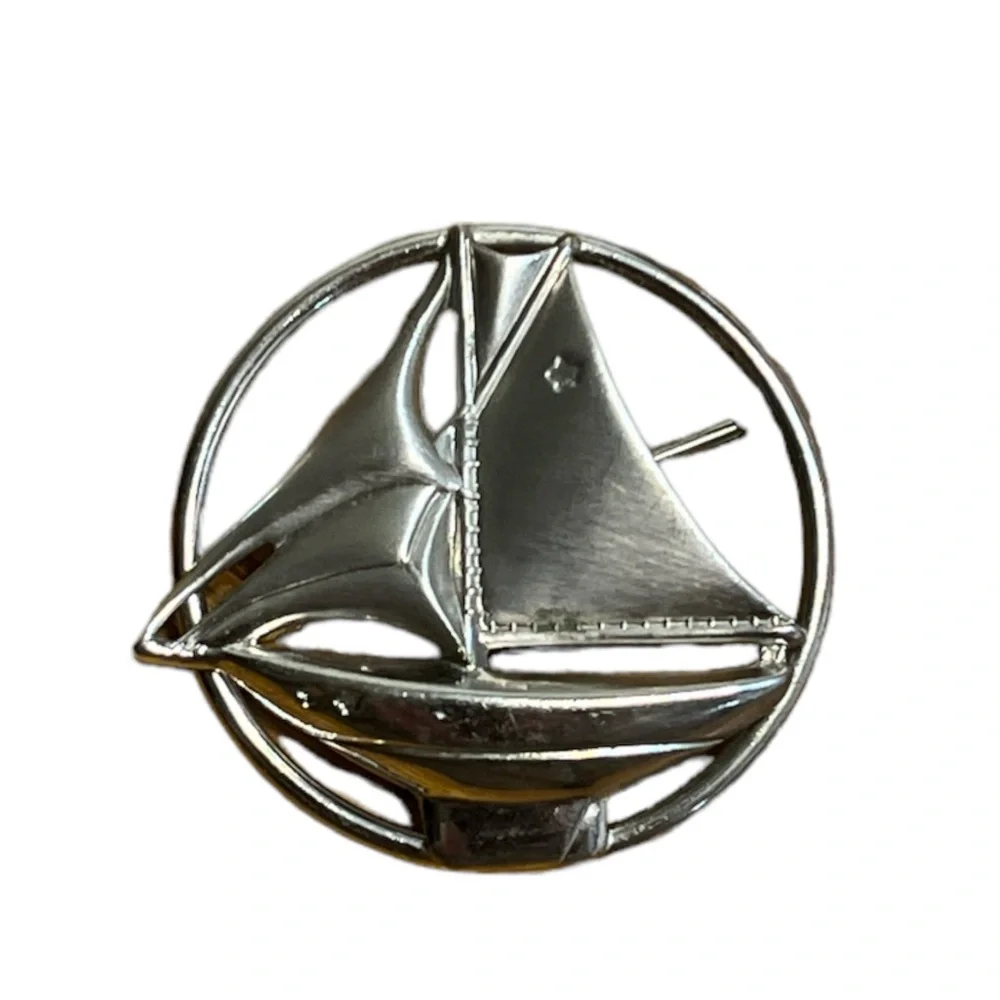 Estate Sterling Sailboat Round Brooch